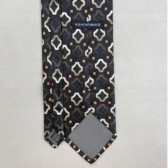 Vintage Geometric Print Silk Tie 1990s Tessellation Necktie Black/Brown/Orange - Picture 3 of 3